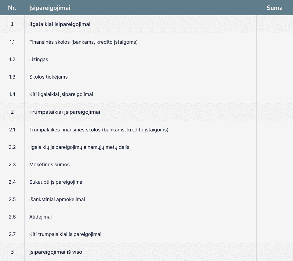 Įsipareigojimai - tai prievolės atsirandančios dėl atliktų ūkinių operacijų, už kurias įmonė privalės ateityje atsiskaityti savo turtu. Pagrindinis įsipareigojimo bruožas yra įmonės skola. Pagal padengimo laiką įsipareigojimai yra skirstomi į ilgalaikius, tokius kuriuos reikia įvykdyti po vienerių metų ir trumpalaikius, tokius kuriuos reikia įvykdyti per ataskaitinius metus.