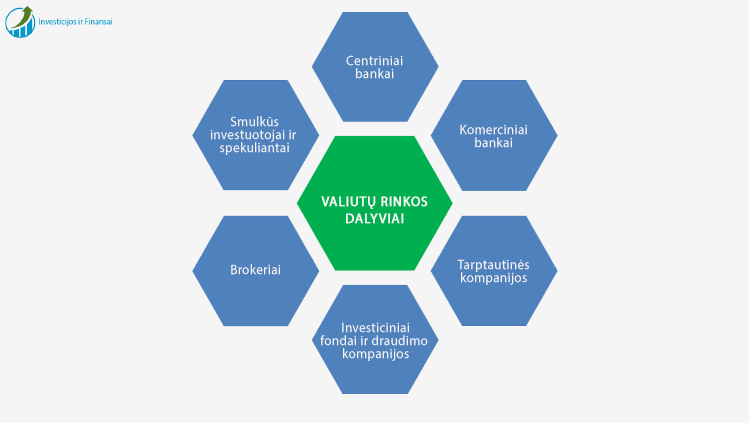 Valiutų rinkos dalyviai: bankai, tarptautinės bendrovės, įvairios finansų institucijos, investiciniai fondai, brokeriai ir smulkūs investuotojai bei spekuliantai.
