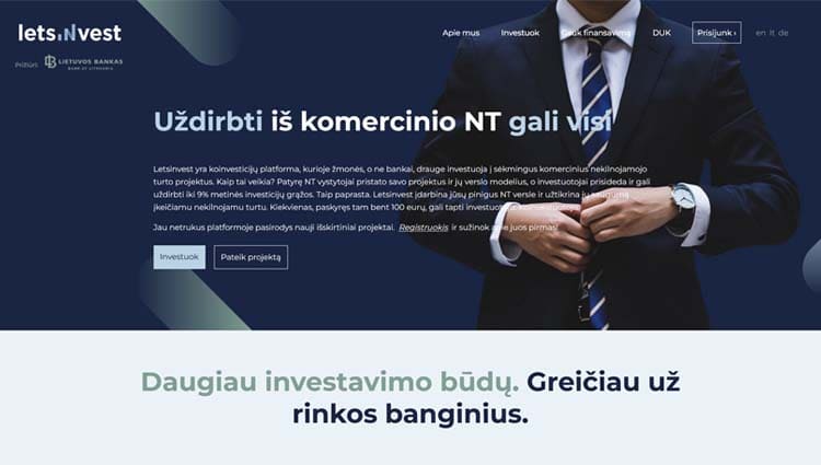 Letsinvest – tai 2020 metais Lietuvoje įkurta ir sparčiai populiarėjanti NT sutelktinio investavimo platforma. Letsinvest platformoje galima investuoti į komercinius nekilnojamo turto projektus, kurių saugumas užtikrintas turto įkeitimu ir uždirbti iš investuotojams mokamų palūkanų. 