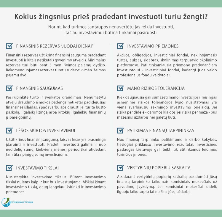 Pagrindiniai jūsų žingsniai kaip pradėti investuoti: sukaupkite rezervą juodai dienai, pasirūpinkite finansiniu saugumu, sukaupkite lėšas skirtas investavimui, nusistatykite savo investavimo tikslus, išsirinkite investavimo priemones, nusistatykite savo rizikos toleranciją, pasirinkite patikimą finansų tarpininką ir atsidarykite vertybinių popierių sąskaitą. Atlikę šiuos žingsnius, galite pradėti investuoti savo pinigus.