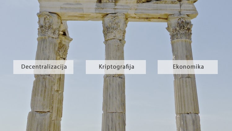 Pagrindiniai kriptoekonomikos konstrukciniai elementai – tai decentralizacija, kriptografija ir ekonomika.