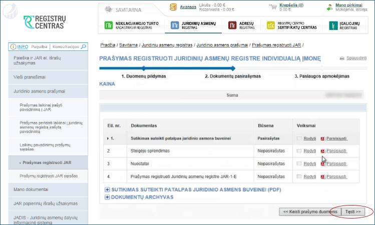 Apmokama už juridinio asmens registravimo paslaugą.