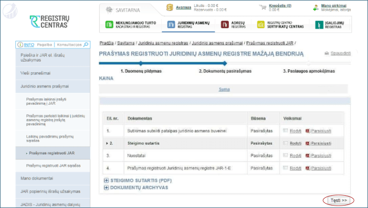 Atliekamas apmokėjimas Registrų centrui už MB registravimo paslaugą.