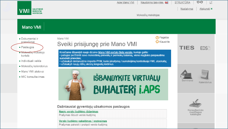 Pagrindiniame svetainės puslapyje pasirenkame kategoriją „Paslaugos“.