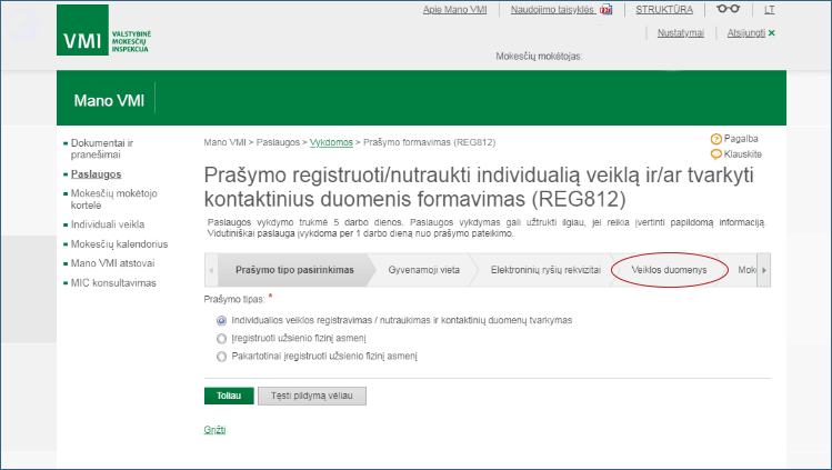 Individualios veiklos nutraukimas - veiklos duomenys.