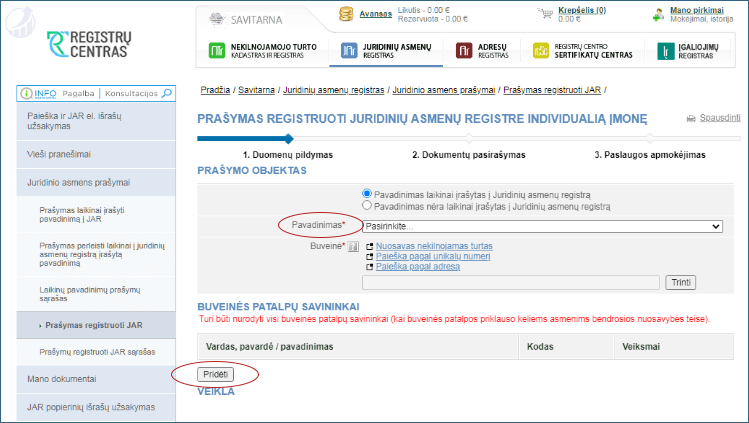 Individualios įmonės pavadinimo ir buveinės duomenų pildymas.