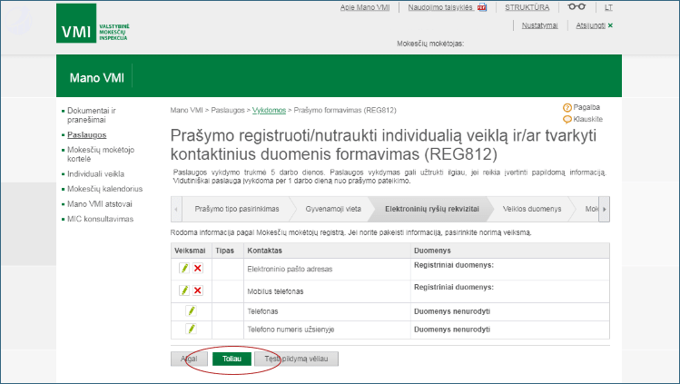 Kontaktiniu duomenu patvirtinimas.