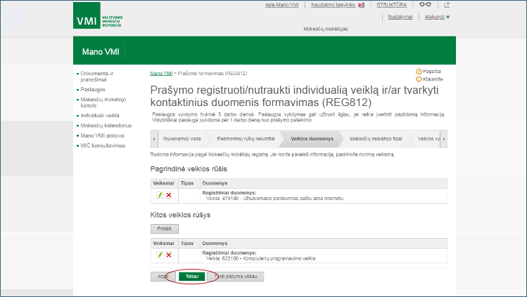 Pasirenkame individualios veiklos kodą iš ekonominės veiklos rūšių klasifikatoriaus.