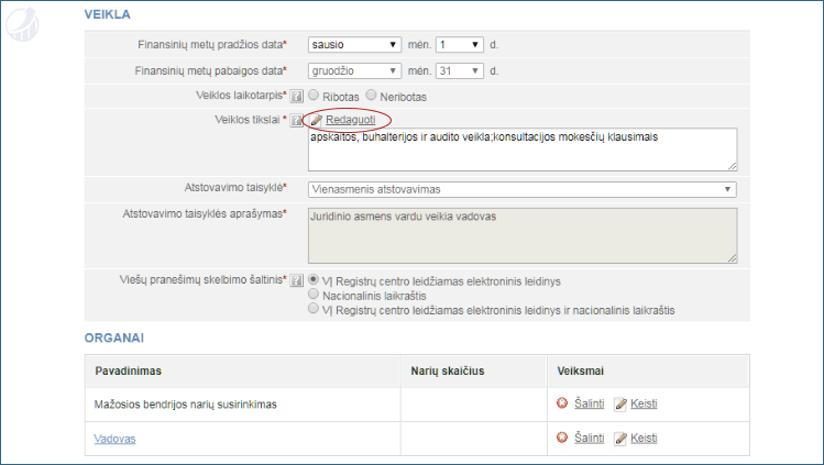Informacija apie MB veiklos laikotarpį, veiklos tikslą bei valdymo organus.