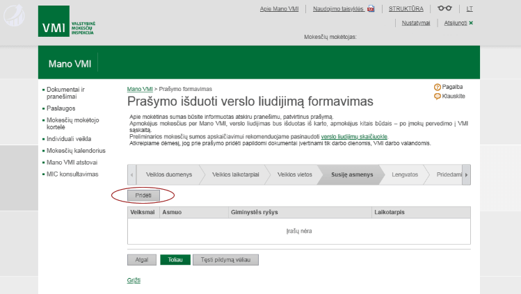 Nurodome asmenis susijusius su verslo liudijimo veikla.
