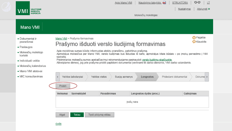 Pasirenkame veiklai pagal verslo liudijimą taikomas lengvatas.