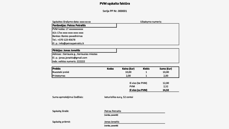 PVM saskaitos fakturos sablonas individualiai veiklai vykdyti